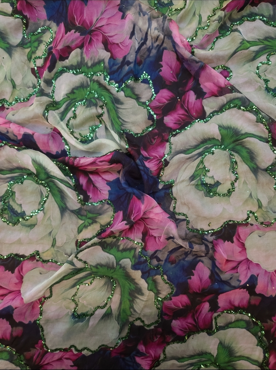 Digital Floral Print Silk Fabric with Fine Sequin Embroidery