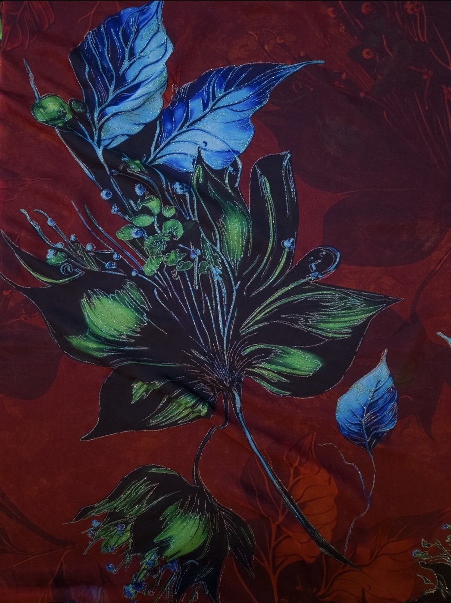 Floral silk fabric with metallic thread detailing
