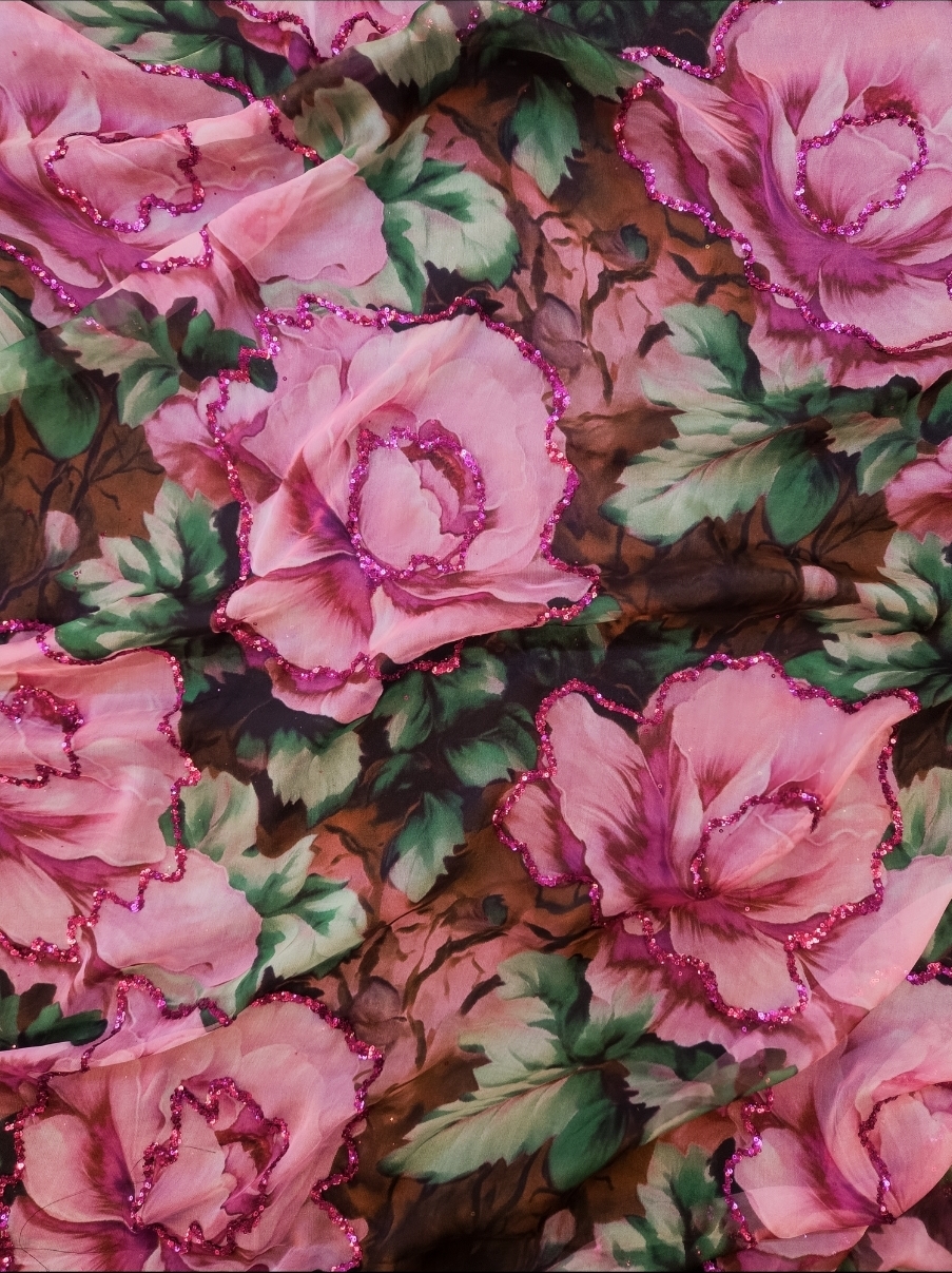 Digital Floral Print Silk Fabric with Fine Sequin Embroidery