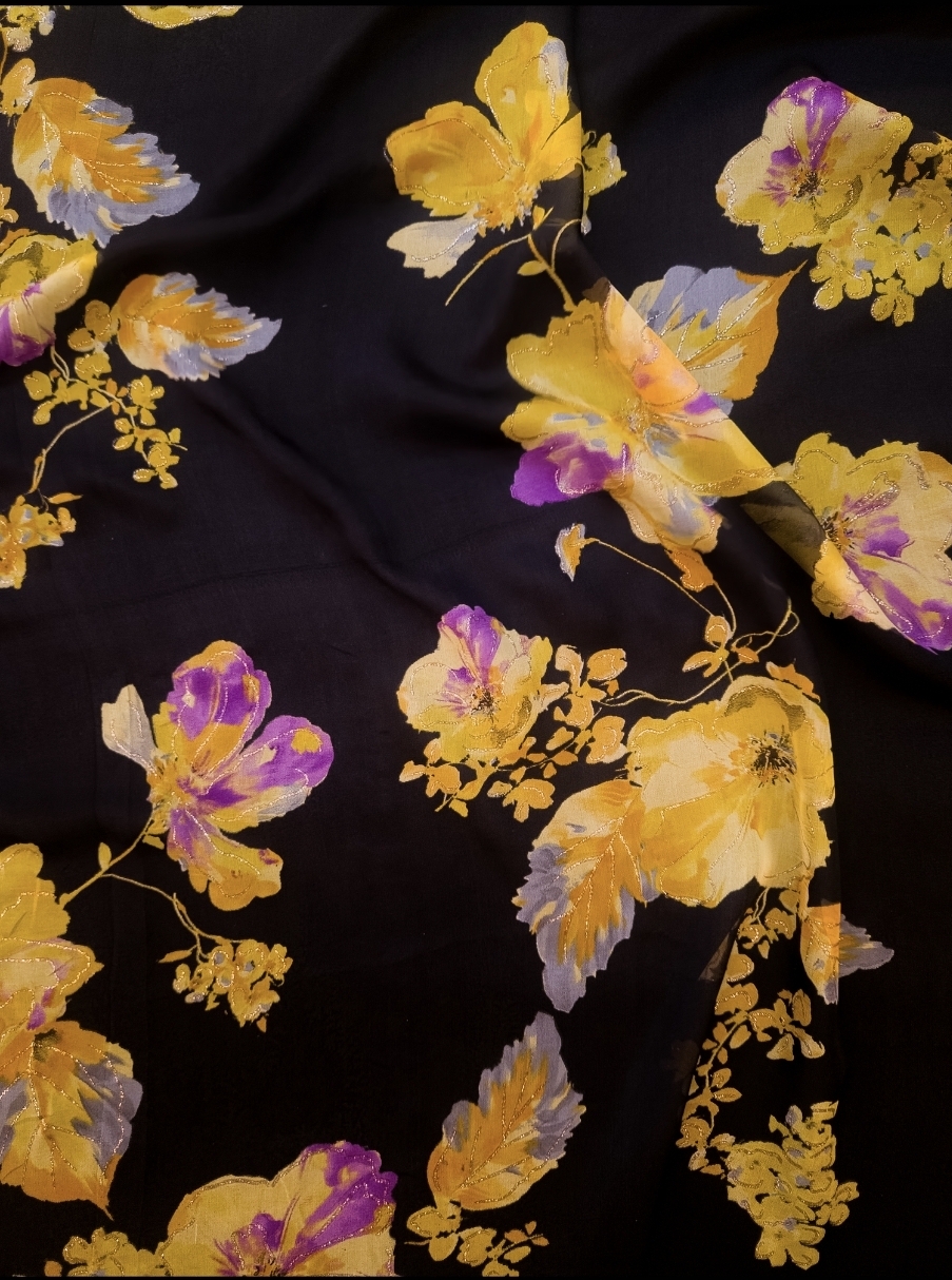 Floral silk fabric with metallic thread detailing