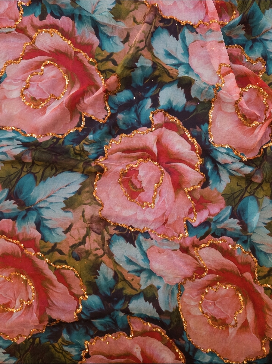 Digital Floral Print Silk Fabric with Fine Sequin Embroidery