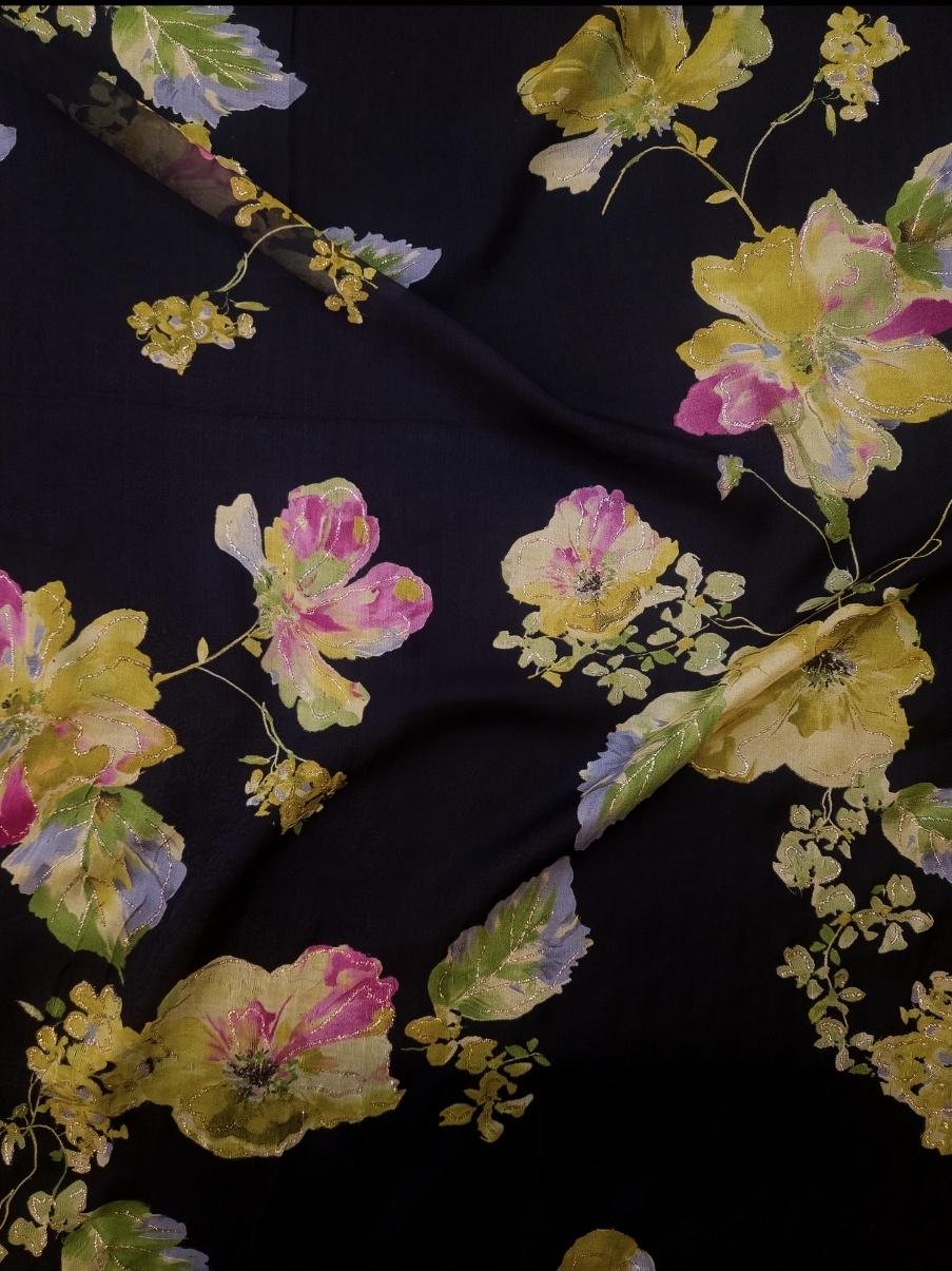 Floral silk fabric with metallic thread detailing