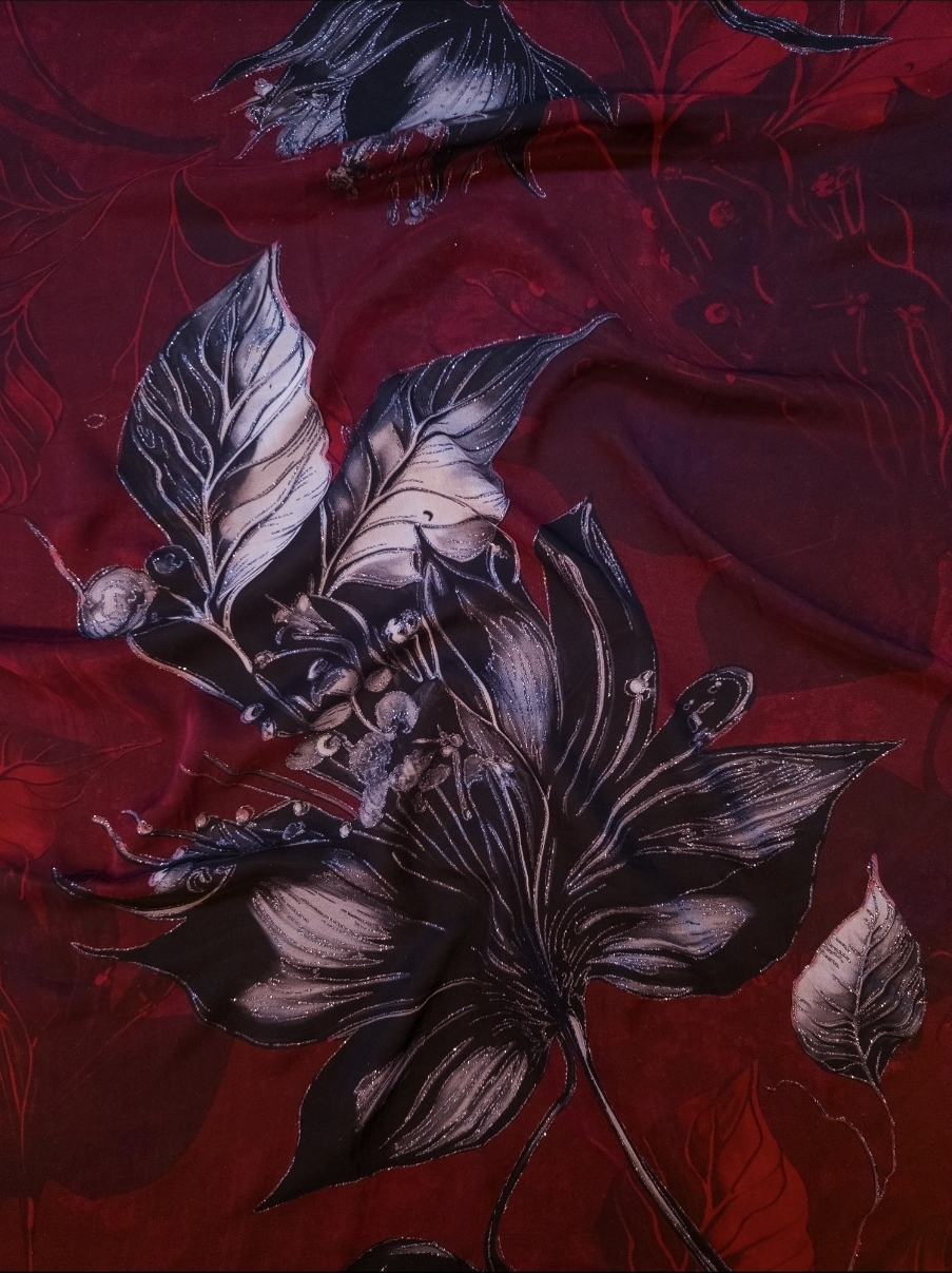 Floral silk fabric with metallic thread detailing