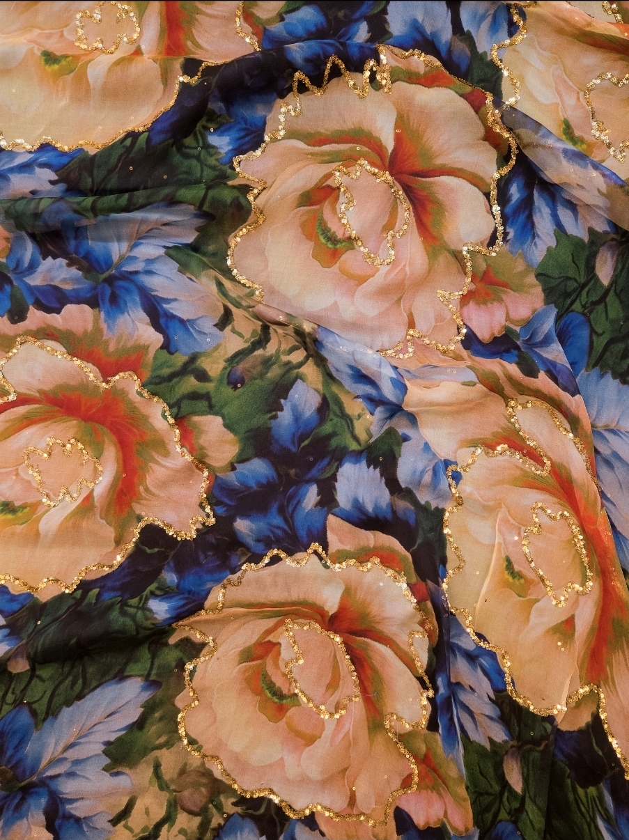 Digital Floral Print Silk Fabric with Fine Sequin Embroidery