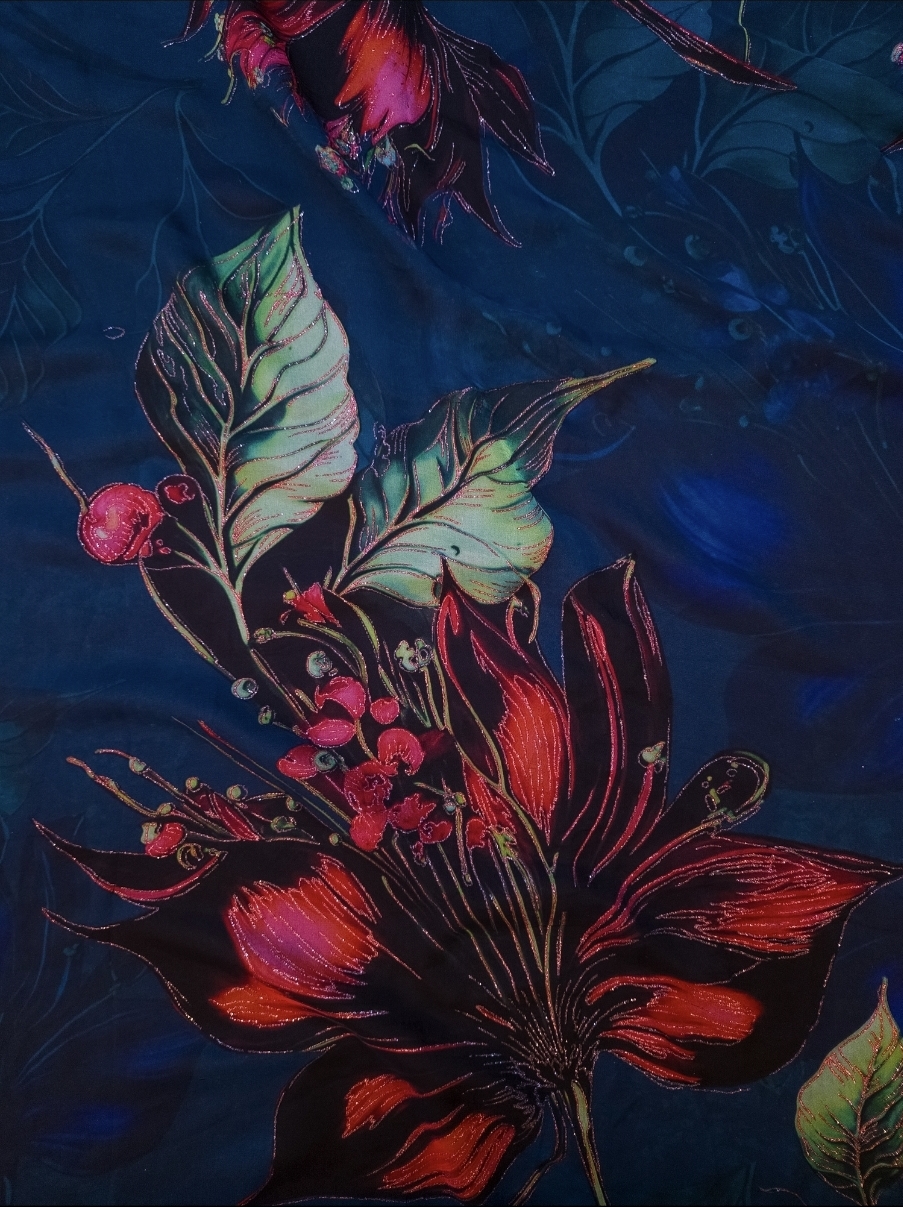 Floral silk fabric with metallic thread detailing