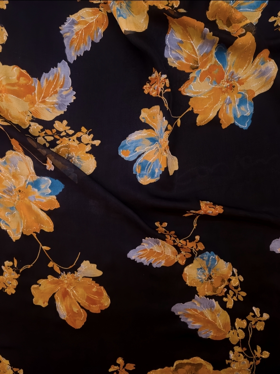 Floral silk fabric with metallic thread detailing