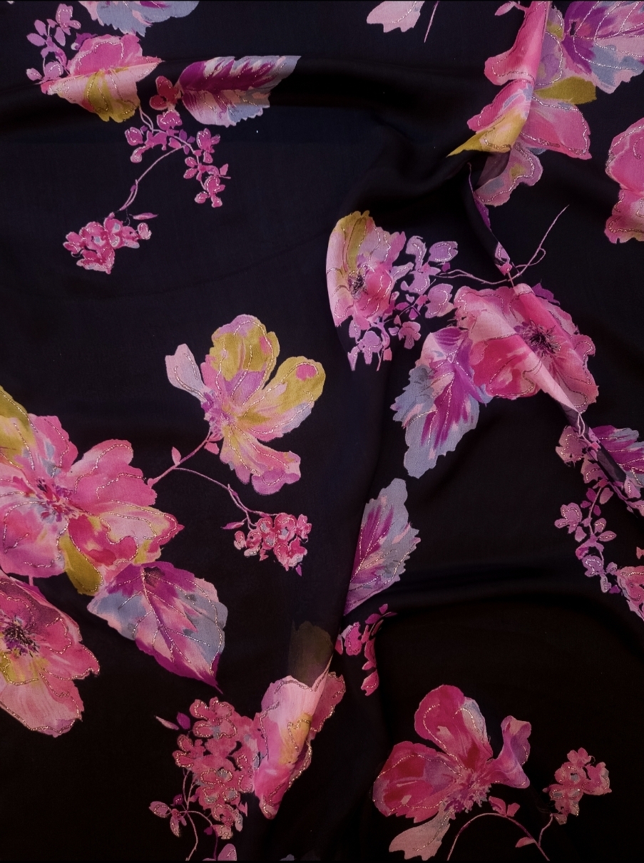 Floral silk fabric with metallic thread detailing