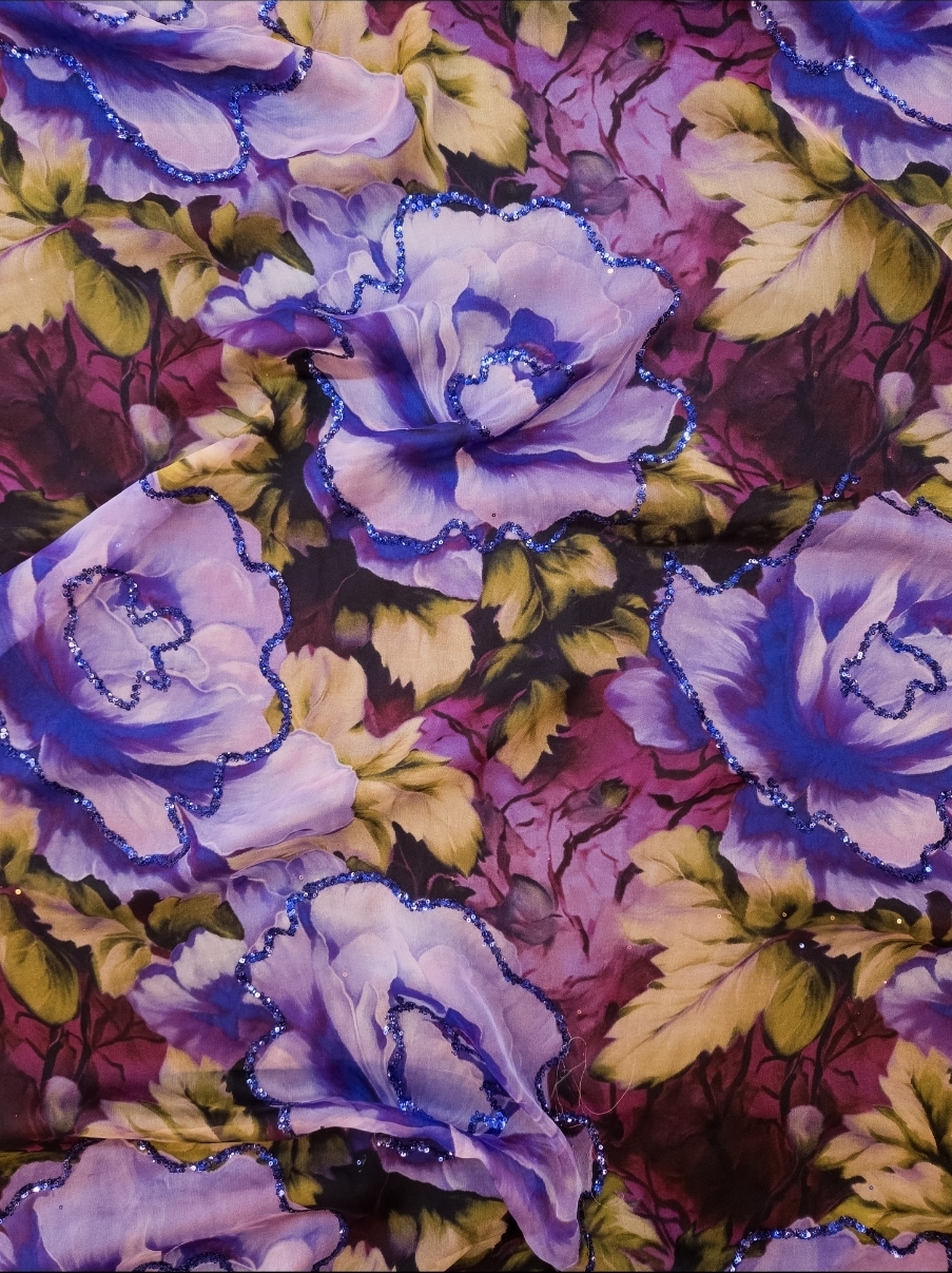 Digital Floral Print Silk Fabric with Fine Sequin Embroidery