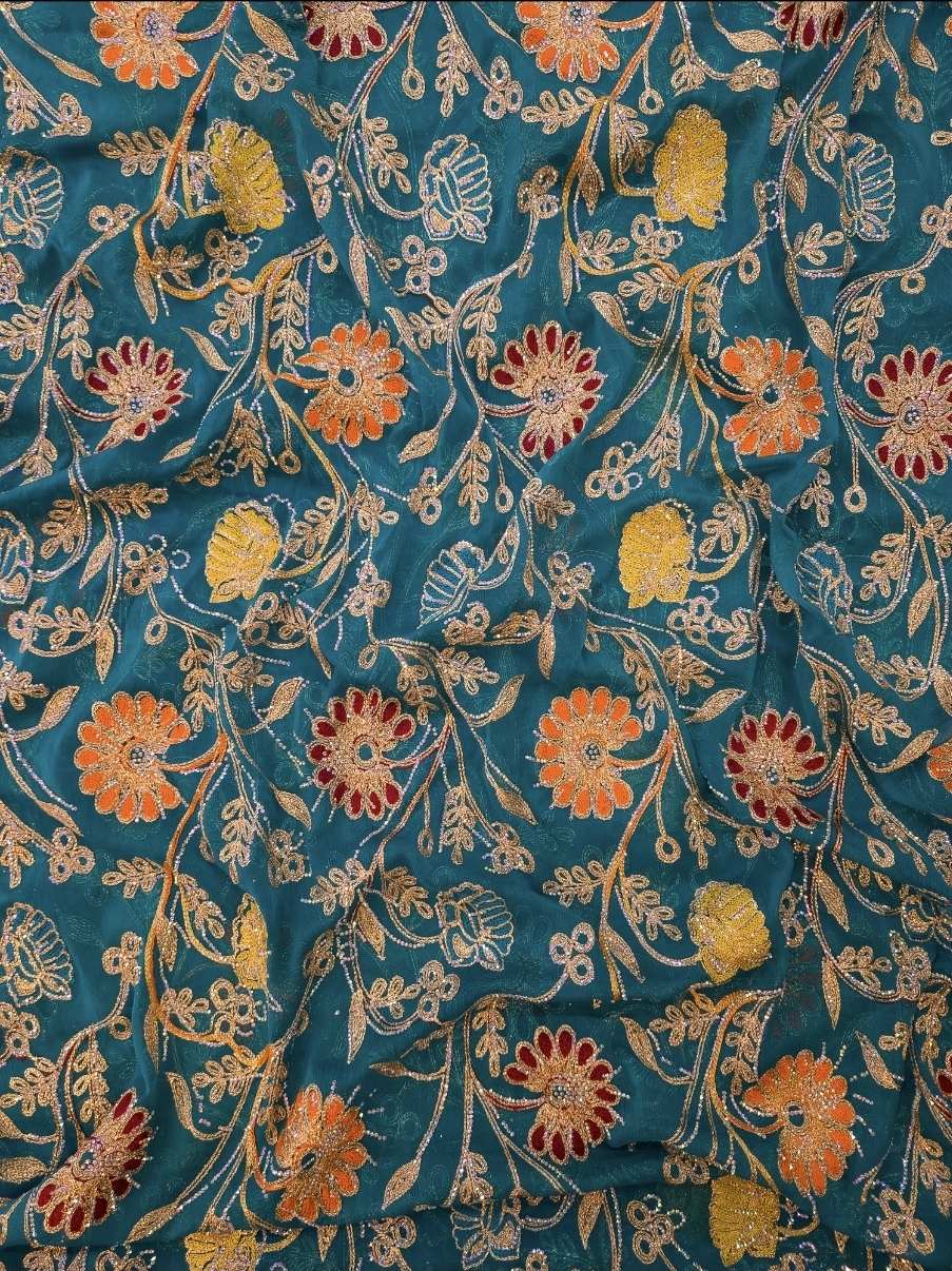 Natural Viscose Fabric with Elegant Glass Beaded Floral Embroidery