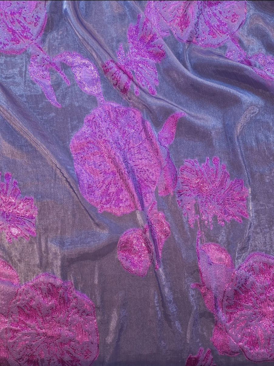 Organza fabrics with metallic floral embroidery