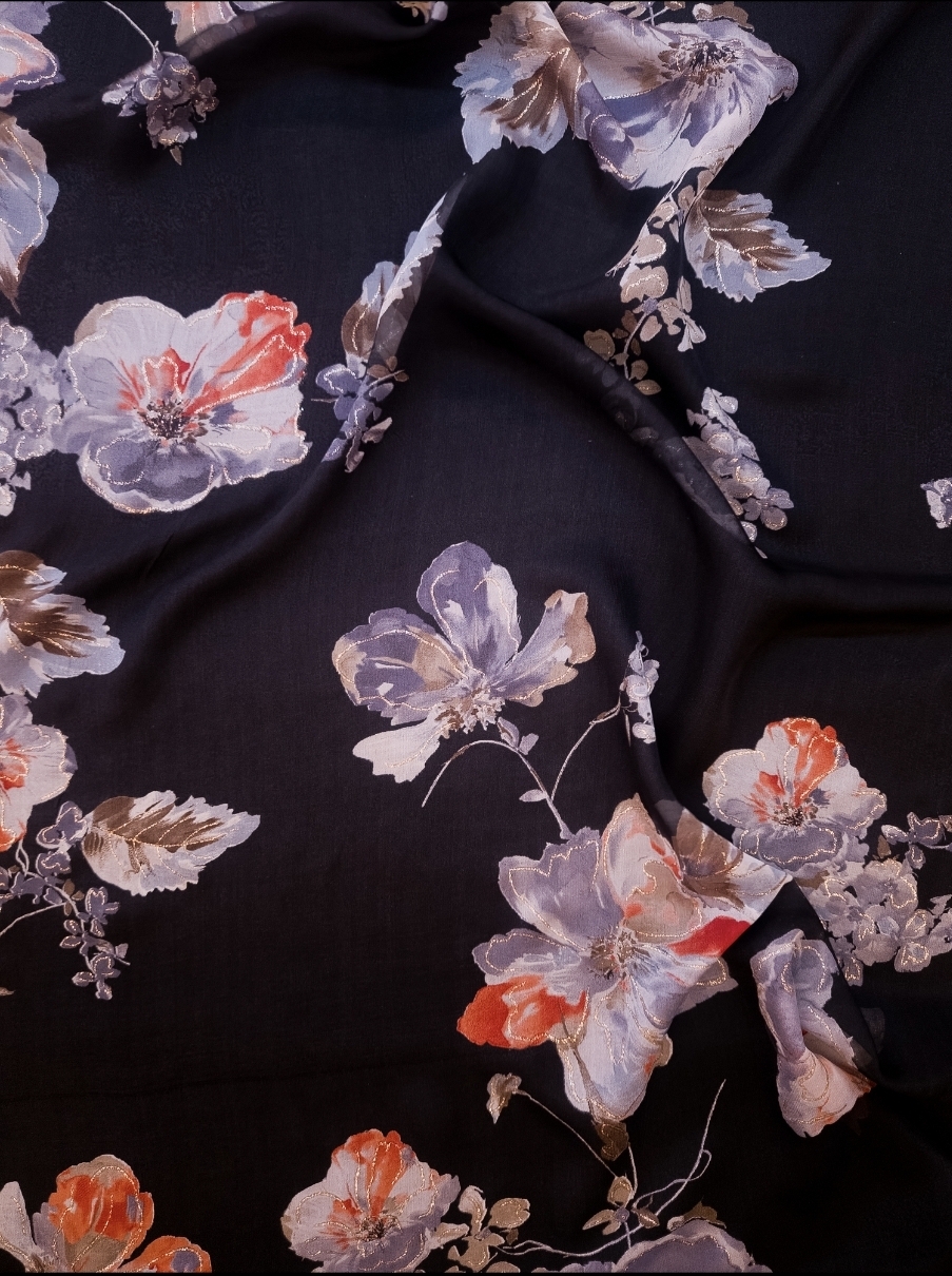 Floral silk fabric with metallic thread detailing